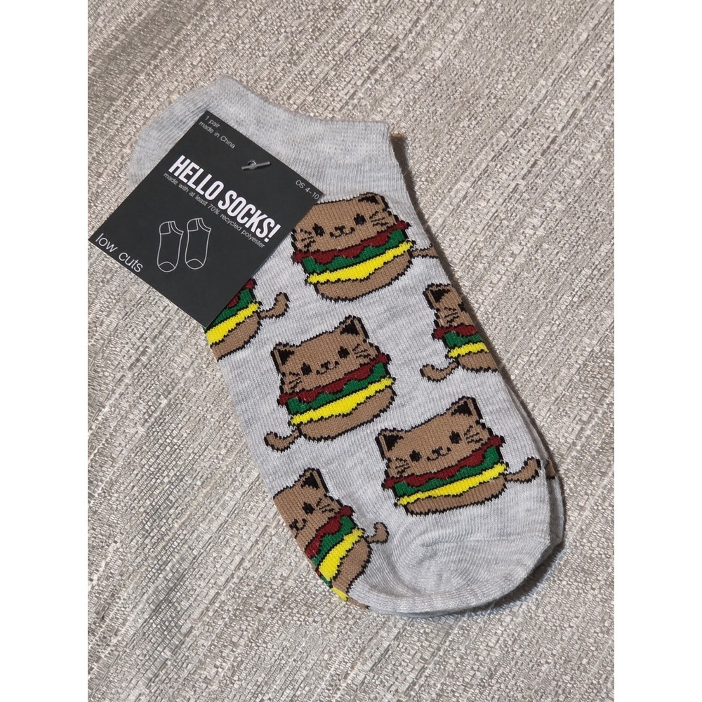 Hello Socks Womens Low Cut Ankle Socks Gray Burger Cat Cheeseburger OS 4-10 NWT